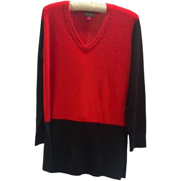 Vince Camuto Red Black Colorblock Sweater | Size XS V-Neck Pullover Top - Picture 1 of 5